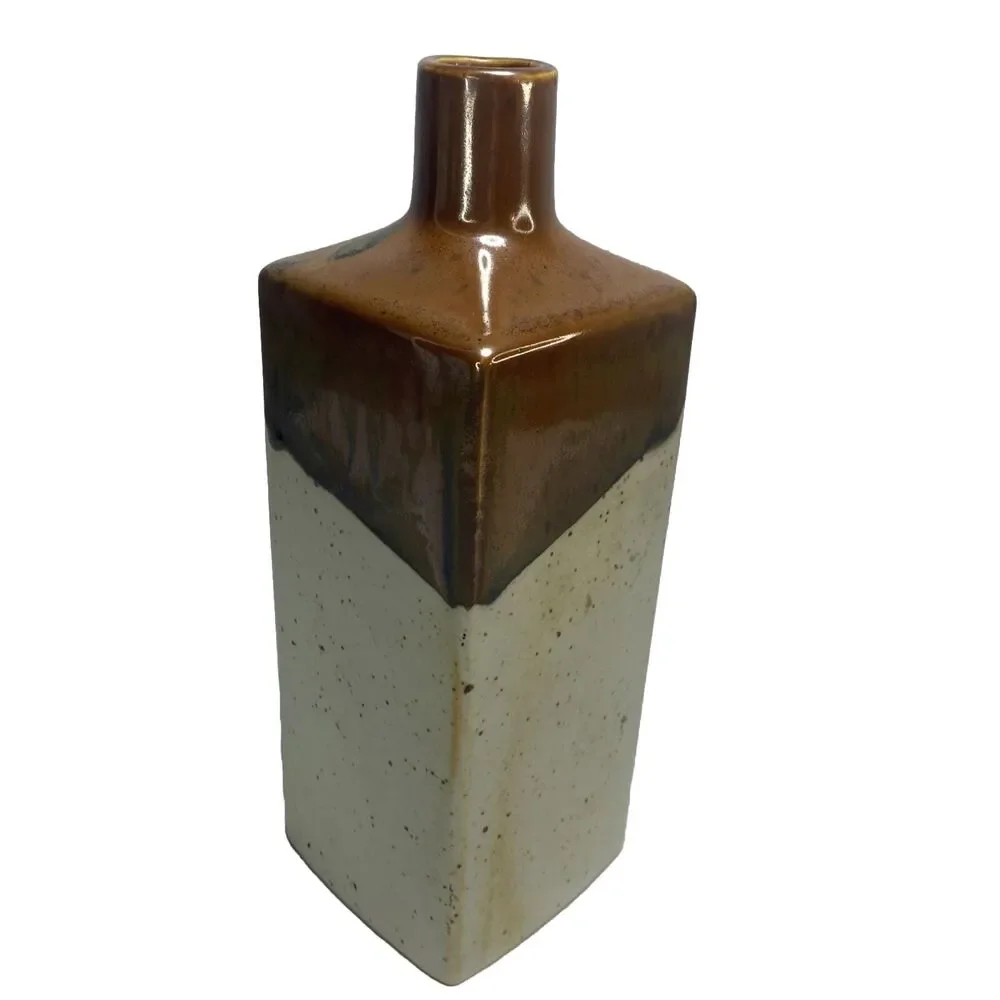 Vtg Takahashi Japan Stoneware Bud Vase 10” Brown Drip Glaze MCM Bottle Minimalis